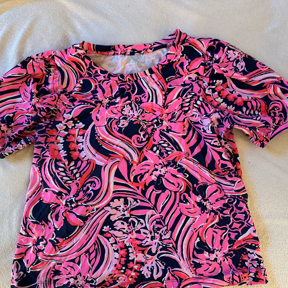 Lilly Pulitzer Pink and Black Graphic Blouse with Peter Pan Collar